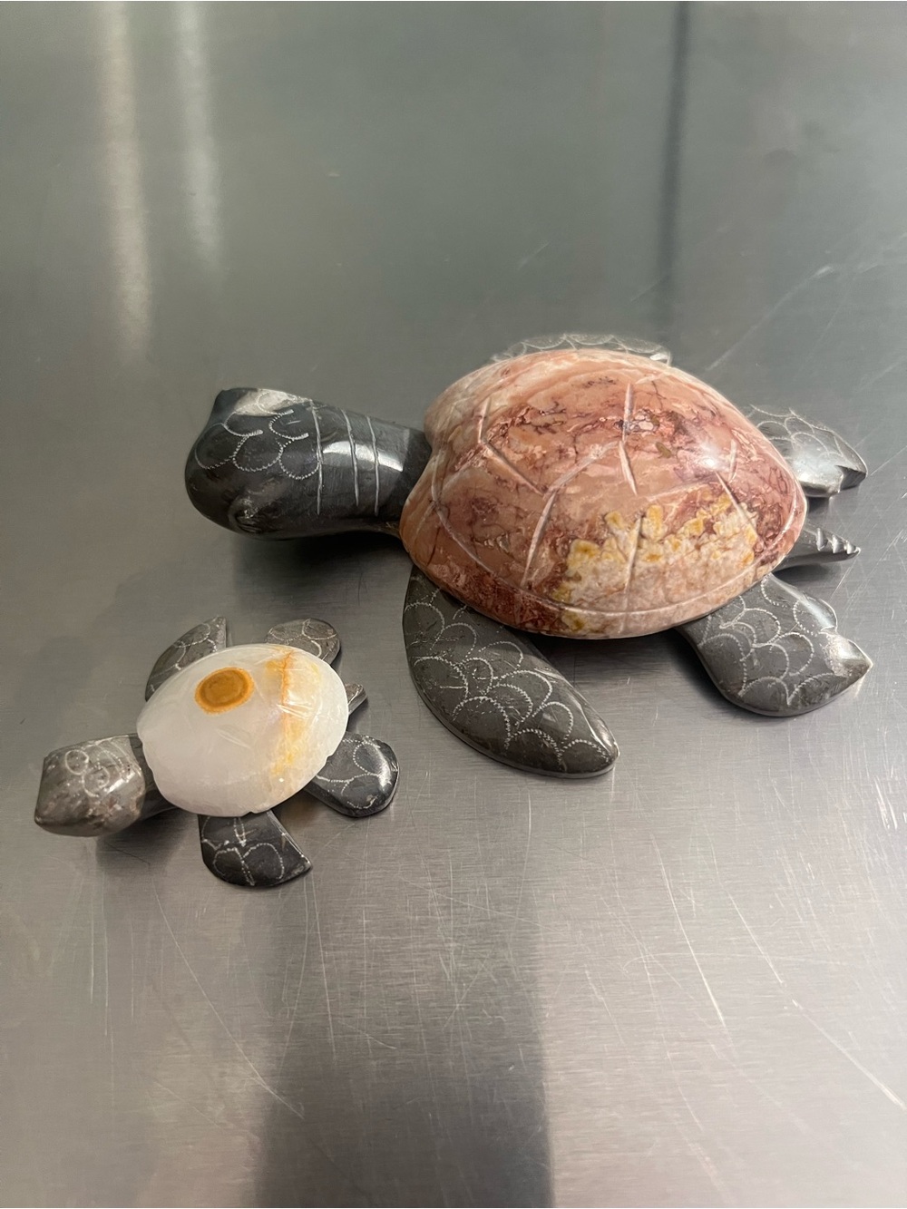Stone Turtle Figurine Set - Pink Shell with Black Accents